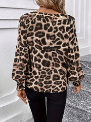 Edna - Leopard V-Ausschnitt Bluse mit Laternenärmeln