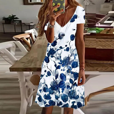 Meredith - Bedrucktes Kleid mit kurzen Ärmeln und V-Ausschnitt