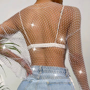 Annalise - Transparentes bauchfreies Mesh-Top mit Strasssteinen