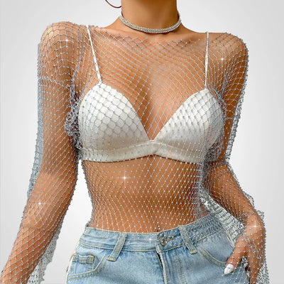 Annalise - Transparentes bauchfreies Mesh-Top mit Strasssteinen