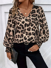 Edna - Leopard V-Ausschnitt Bluse mit Laternenärmeln