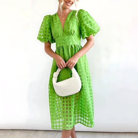 Alexandra - Midikleid aus quadratisch gemustertem Stoff mit Puffärmeln