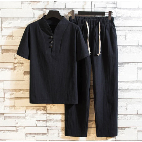 Jordano - Set aus kurzärmeligem T-Shirt und knöchellangen Hosen für Herren aus Baumwolle und Leinen
